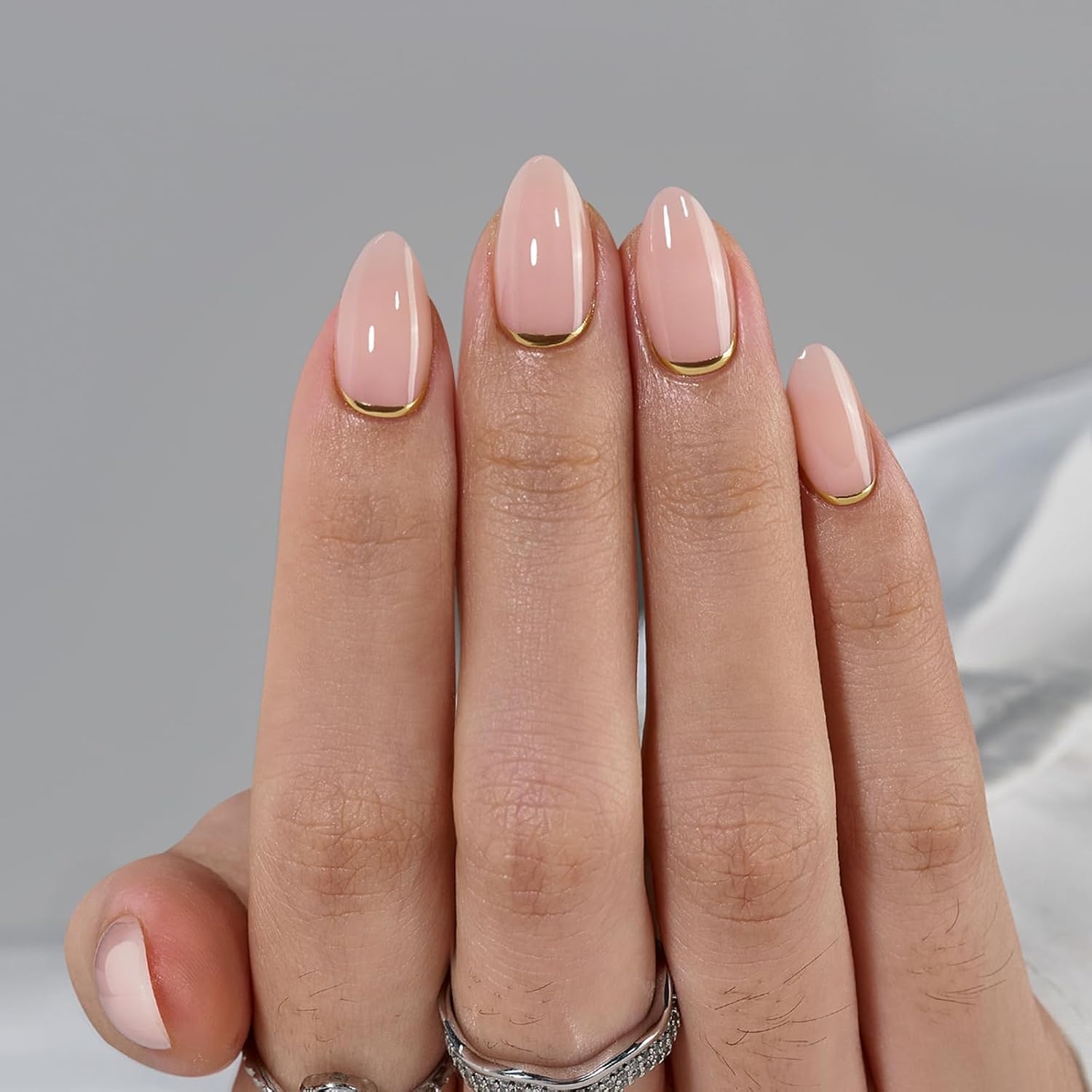 image:imageBTArtbox Press On Nails Almond Short French Tip Nails 32 Pcs Full KitAGold End