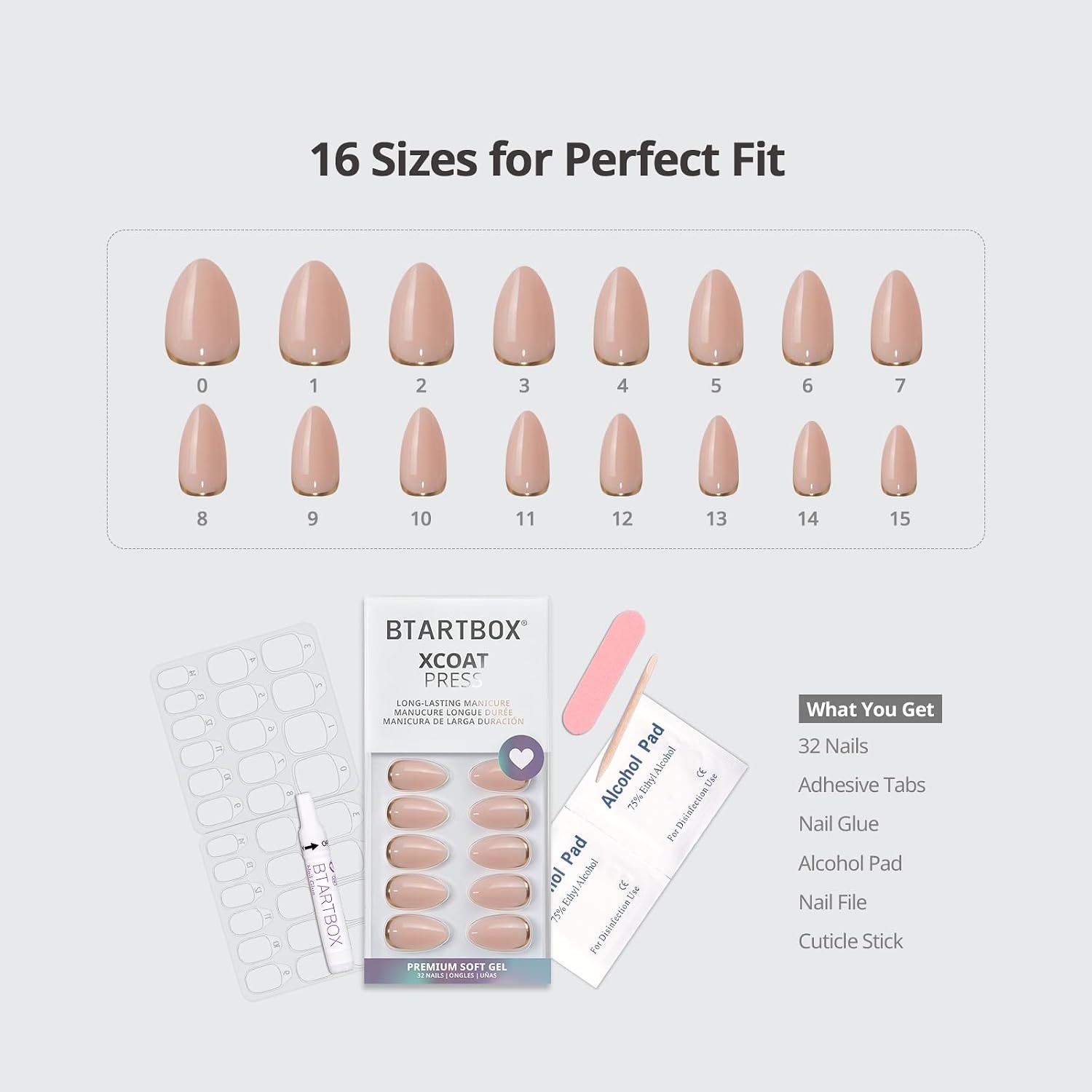 image:imageBTArtbox Press On Nails Almond Short French Tip Nails 32 Pcs Full KitAGold End