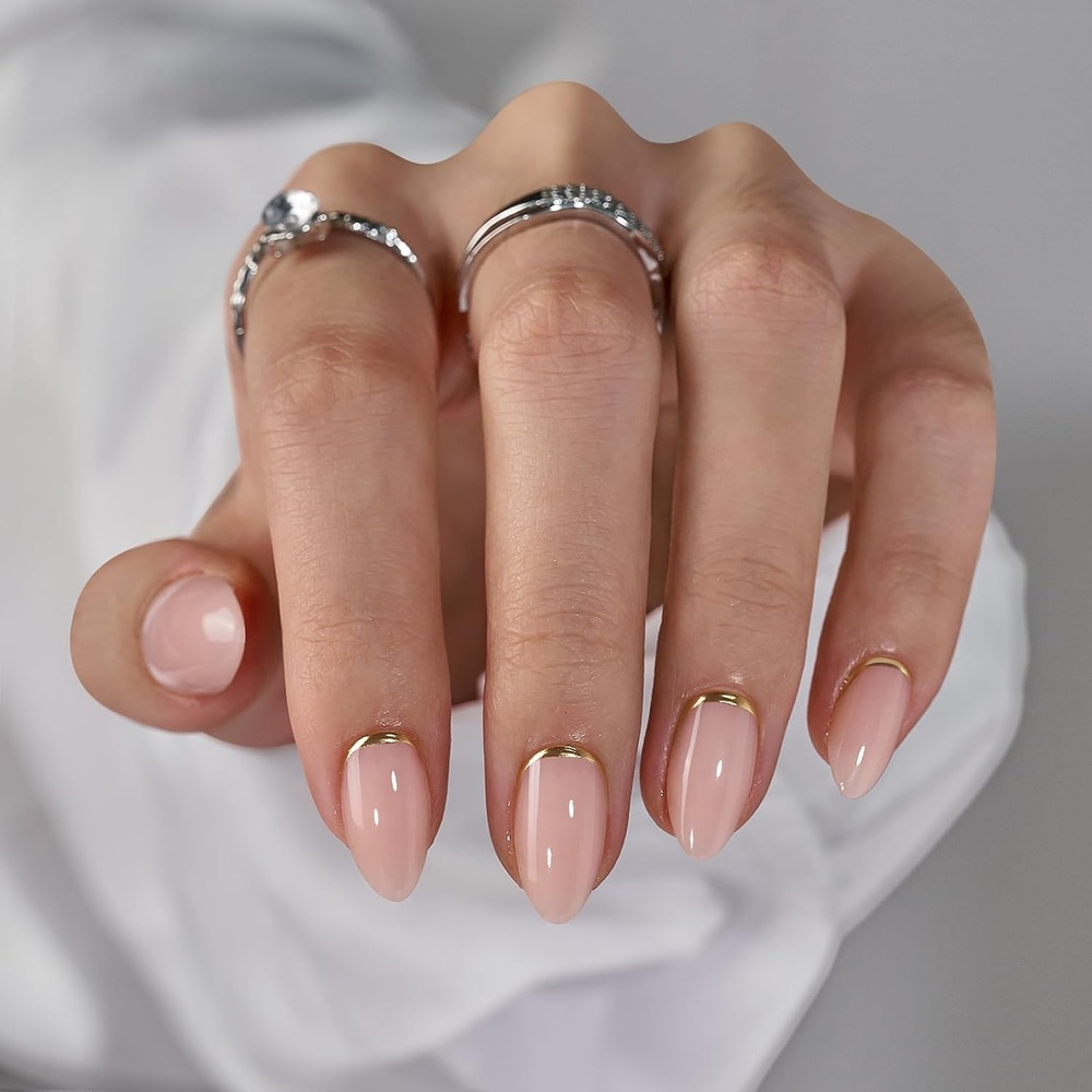 image:imageBTArtbox Press On Nails Almond Short French Tip Nails 32 Pcs Full KitAGold End